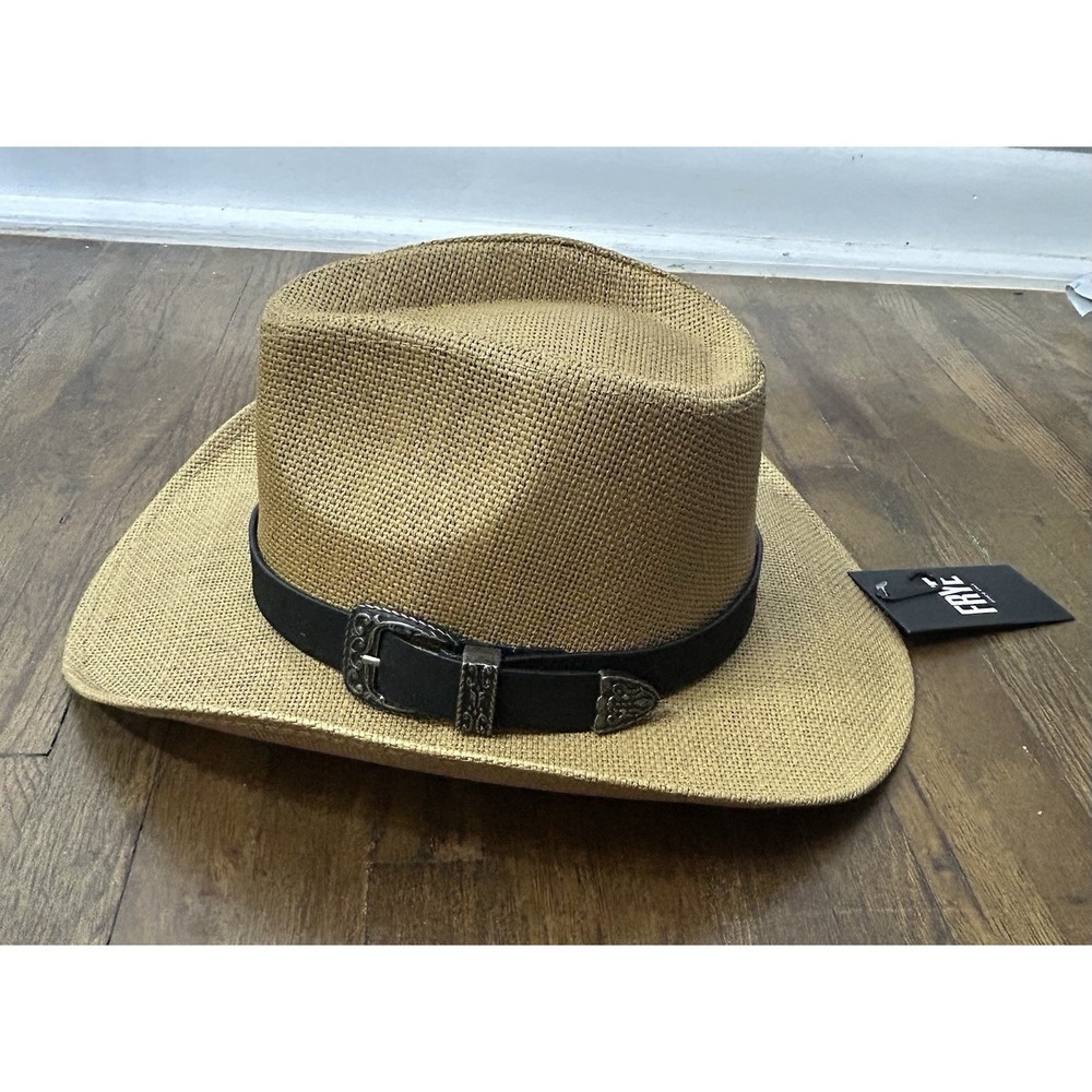 Frye straw cowboy hat features a distinct black leather band Metal Buckle New - Picture 3 of 8